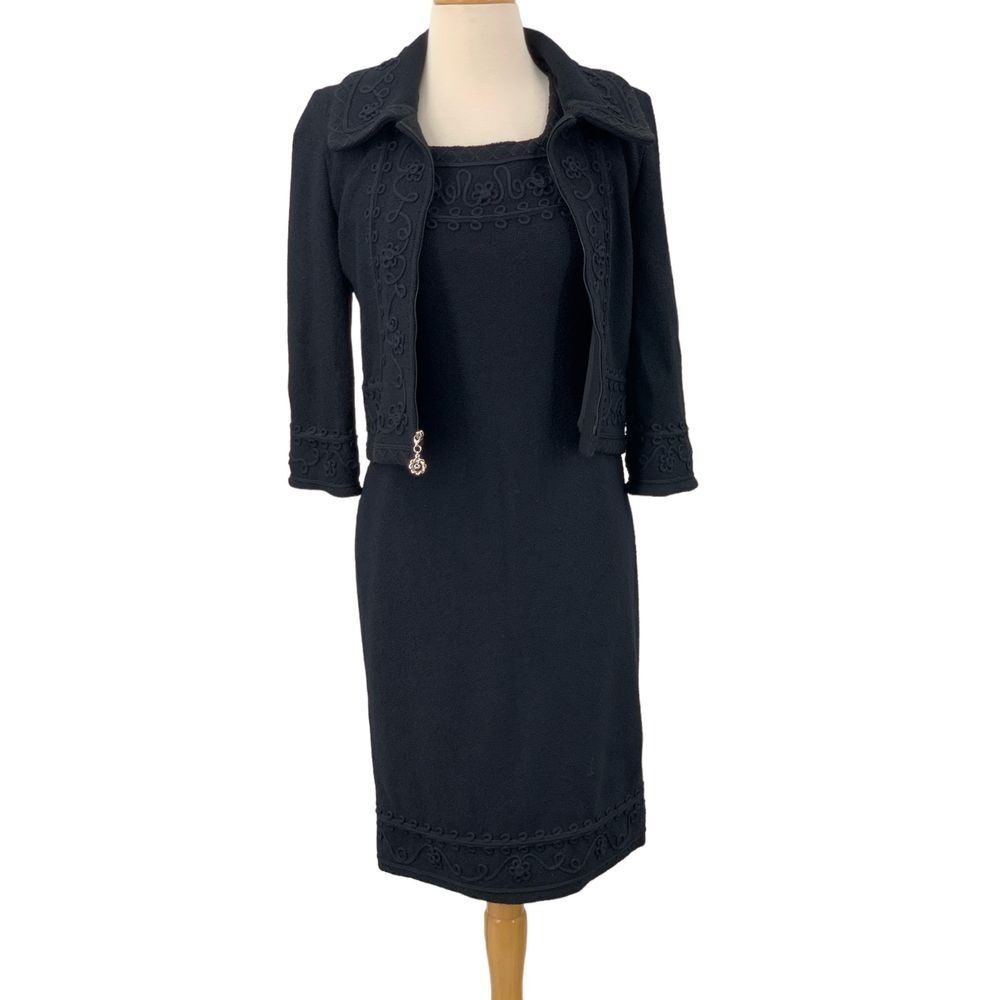 NWT St. John Couture 2 Pc Lined Dress/Jacket Black Embroidered Lace Trim Size 2